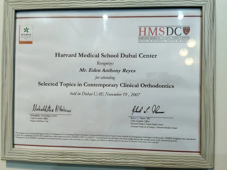 Certificate of attendance from Harvard Medical School Dubai Center for Selected Topics in Contemporary Clinical Orthodontics, 2007, awarded to Eden Anthony Reyes