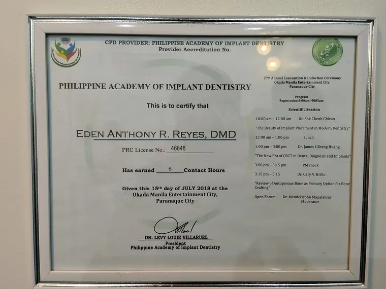 Philippine Academy of Implant Dentistry continuing professional development certificate for Eden Anthony R. Reyes, PRC licence 46848, July 2018